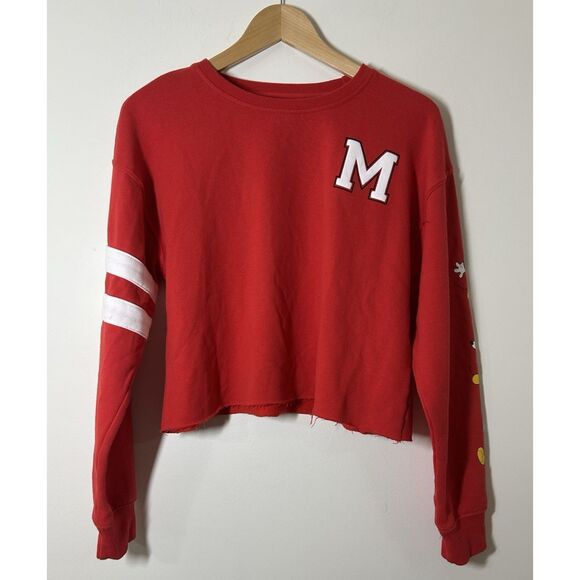 Disney Store JAPAN Red Varsity "M" Raw Hem Crop Pullover Sweatshirt Size Medium - Picture 1 of 6
